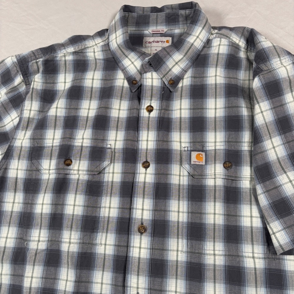 Carhartt Button Down Shirt‎ Mens XL Blue Plaid Short Sleeve 104175 BLS Cotton